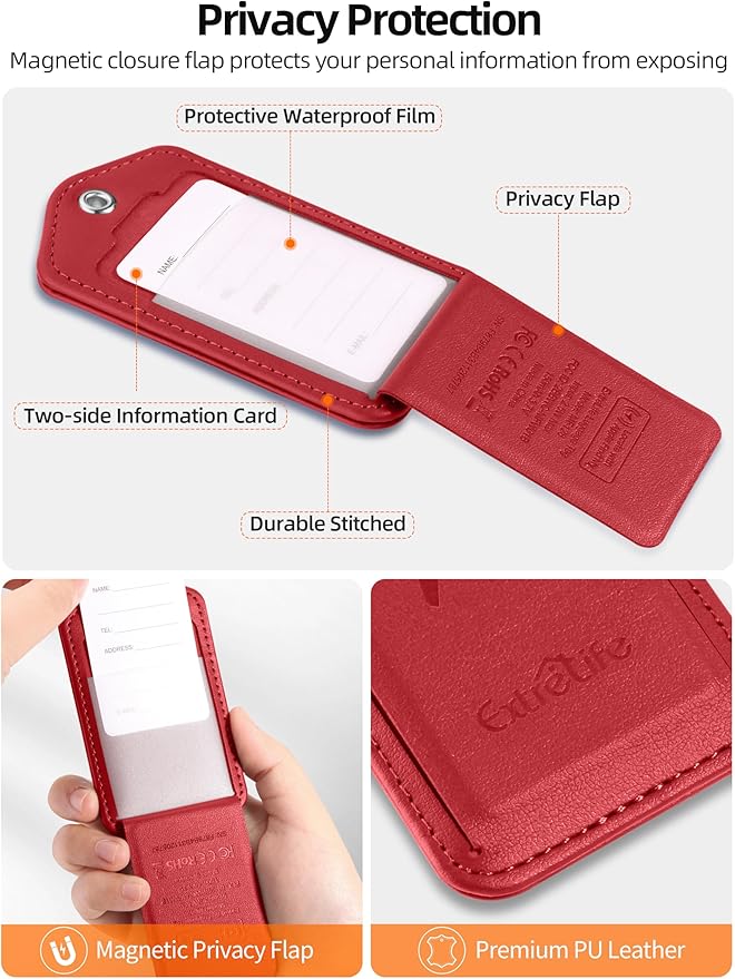 Luggage Tags, Works with Apple Find My, Leather Luggage Tag for Suitcases, Travel Tags, Bag Tag, Suitcase Tag with Privacy Flap, Anti-Lost Smart Luggage Tracker, Travel Essentials, Red