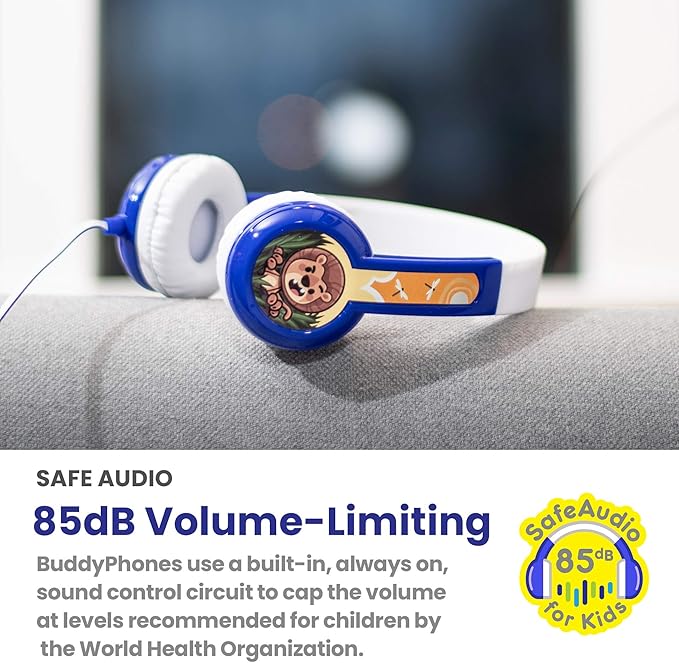 BuddyPhones Discover, Volume-Limiting Kids Headphones, Comfortable and Durable, Built-in Audio Sharing Cable, Compatible with Fire, iPad, iPhone, and Android Devices, Blue