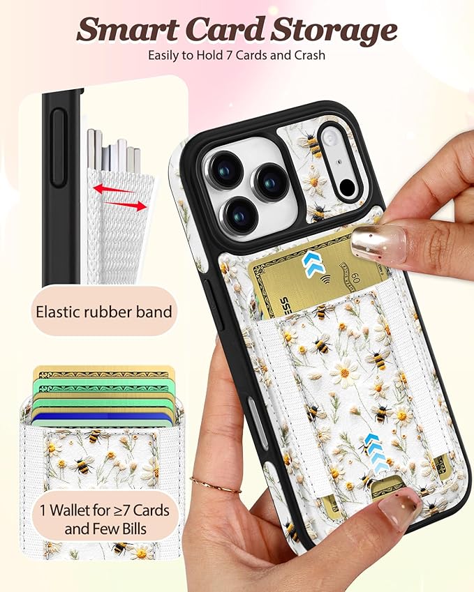 Shorogyt for iPhone 17 Pro Case Wallet - Fits 5 Cards, Compatible with Magsafe Detachable Magnetic Credit Card Holder Leather Cardholder Cute Phone Cover Women Girls for Apple 17Pro, Bee Flower
