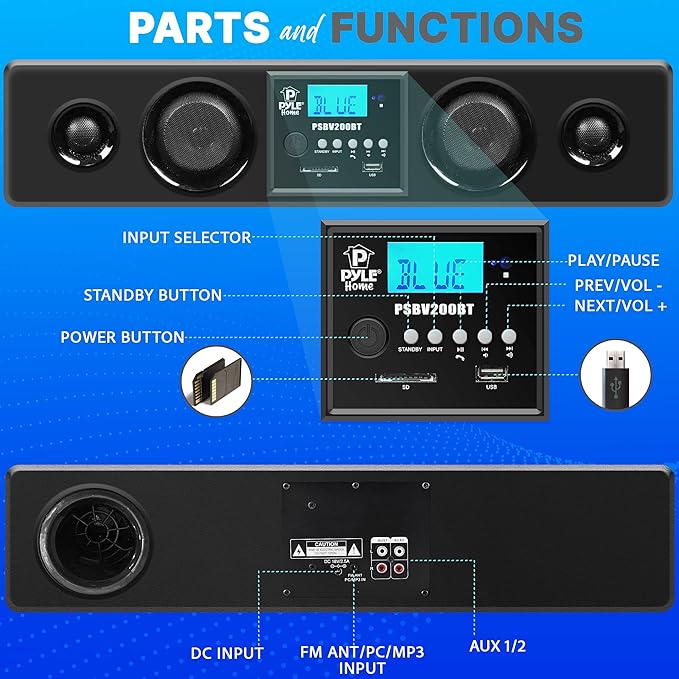 Pyle 3D Surround Bluetooth Soundbar - Sound System Bass Speakers Compatible to TV, USB, SD, FM Radio with 3.5mm AUX Input , Remote Control, For Home Theater - PSBV200BT,Black
