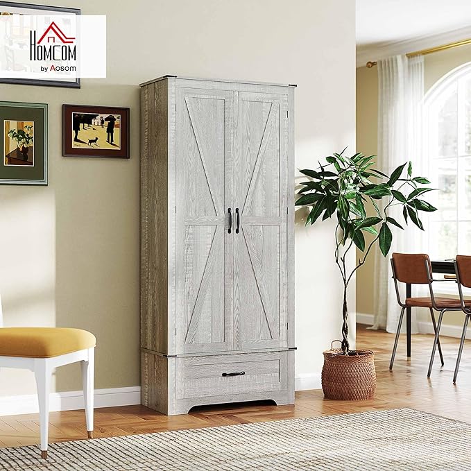 HOMCOM 72" Tall Farmhouse Kitchen Pantry Cabinet - Kitchen Storage Cabinet with Adjustable Shelves & 2 Barn Doors & Drawer, Versatile Storage Unit for Dining Room, Distressed Light Gray