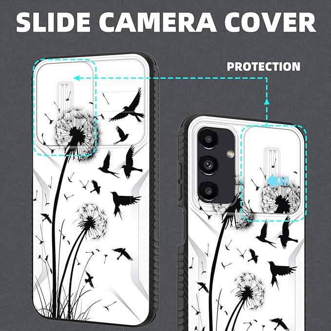for Galaxy A16 5G Case Built in Slide Camera Lens Cover,Heavy Duty Shockproof Protection Dual Layer Case for Samsung Galaxy A16 5G 6.7" 2024,Dandelions and Birds