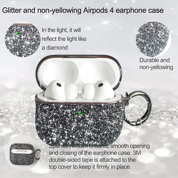 for Cute Glitter AirPods 4 Case for Women| Bling Hard Airpod iPods 4 Cases | with Keychain | Sparkly Rhinestone Air Pods 4 Generation Case for Women Girl- Model A3058/A3059(Black)