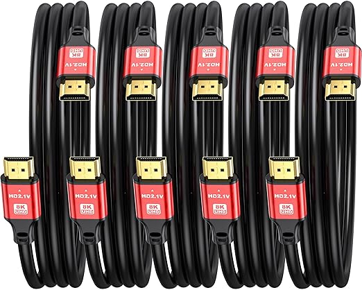 1.5FT HDMI 2.1 Cable 5 Pack 8K60Hz 4K120Hz, 48Gbps Ultra High Speed HDMI Cable with Gold Plated Connector, Red Aluminum Housing, for PS5, Xbox Series X, Gaming Monitor, Soundbar, Desktop Setup.