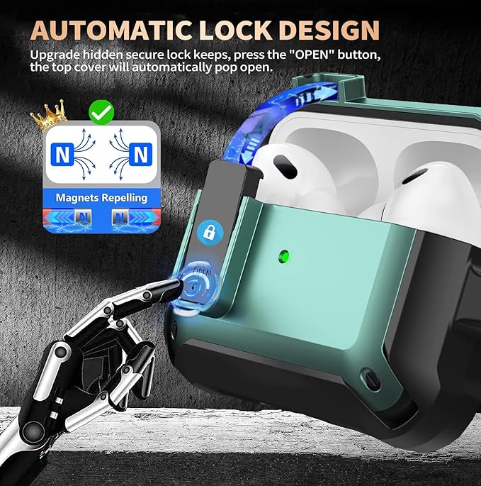 for Airpods Pro 3 Case with Magnetic Automatic Lock, Rugged Apple Airpods Pro 3rd Generation Cover 2025, Armor Shockproof iPod Pro3 Gen Protective Shell with Carabiner&Cleaner kit,Black/Green
