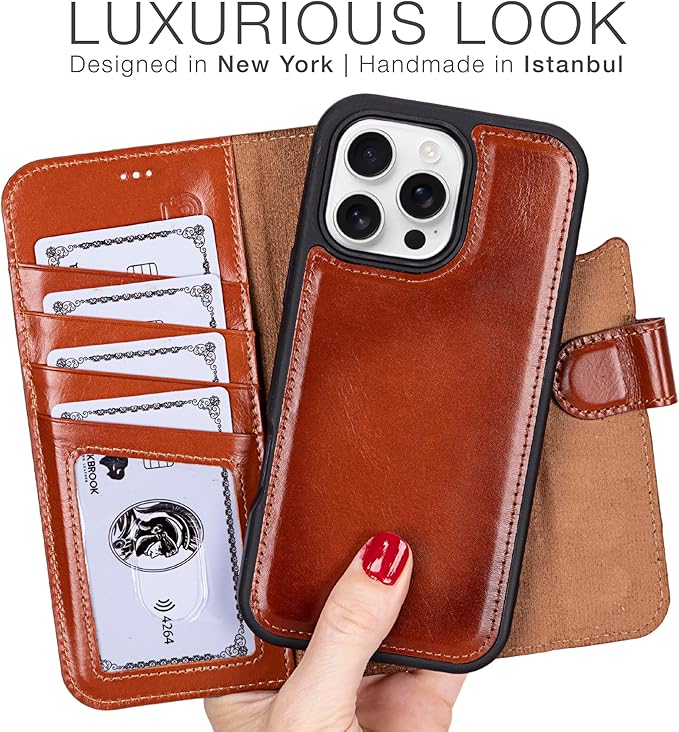 BLACKBROOK Compatible with iPhone 16 Pro Case with Card Holder, Carter Full Grain Leather, 2-in-1 Folio for MagSafe Wireless Charging, RFID Blocking, 4 Card Slots