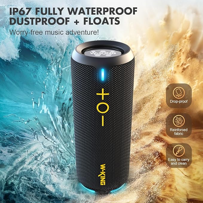 W-KING D320 40W Bluetooth Speaker, IPX7 Waterproof Portable Speaker with Dual Voice Coil, Customized EQ APP, 360 Sound, Party Lights, V5.3, TF/AUX, Black
