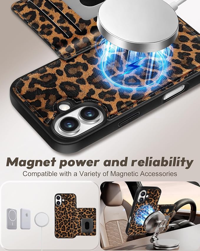for iPhone 17 Case with Wallet - Fits 4 Card Slots, Compatible with MagSafe for Women Aesthetic Durable PU Leather Credit Card Holder Kickstand Phone Cover for Apple 17, Leopard Print