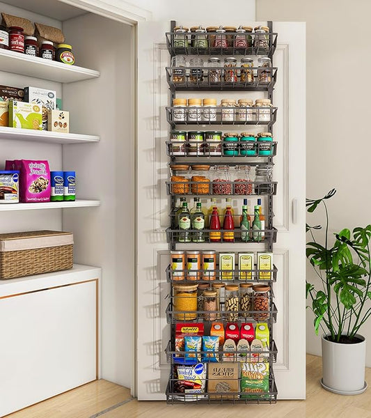 10-Tier Over The Door Pantry Organizer, Pantry Organization and Storage, Black Metal Hanging Adjustable Basket, Wall Spice Rack Seasoning Shelves, Home & Kitchen Essentials