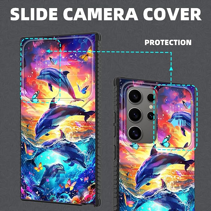 for Galaxy S25 Ultra Case Built in Slide Camera Lens Cover,Heavy Duty Shockproof Protection Dual Layer Case for Samsung Galaxy S25 Ultra 6.9" 2025,Dolphins and Butterflies