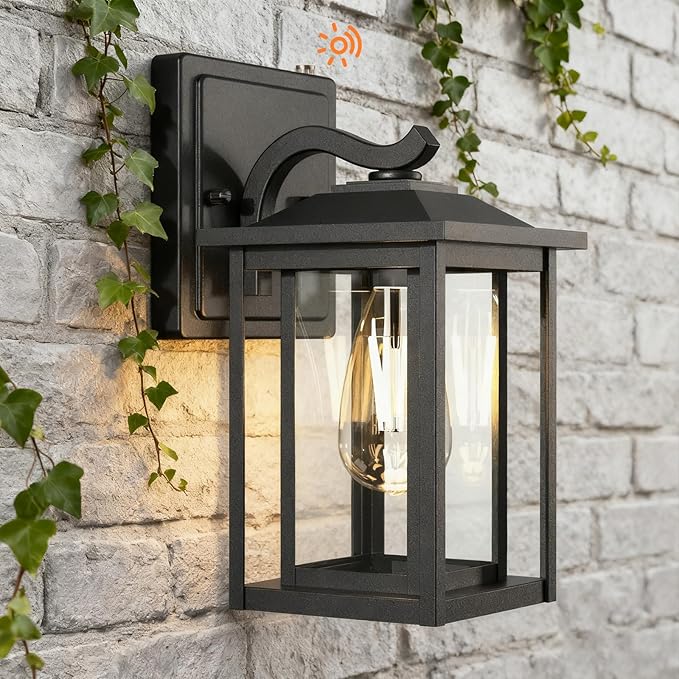 Dusk to Dawn Outdoor Lighting, Modern Black Waterproof Exterior Wall Sconce, Sensor Front Porch Lights with E26 Base for House Garage Patio Front Door, 120V