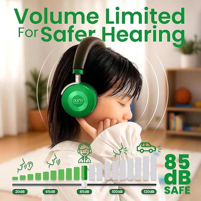 Puro Sound Labs JuniorJam Plus Volume-Limiting Wireless Bluetooth Headphones for Kids, Secure Audio with Adjustable On-Ear Design, 22-Hour Battery Life, Ideal for Tablets, Smartphones & PCs - Green
