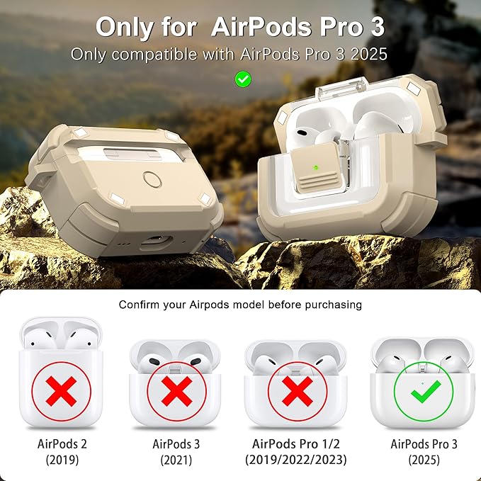 RFUNGUANGO for AirPods Pro 3 Case, Compatible with AirPods Pro 3 Generation Case (2025), Compatible with MagSafe, Magnetic Automatic Lock with Cleaner Kit and Keychain, Front LED Visible, Sand Grey