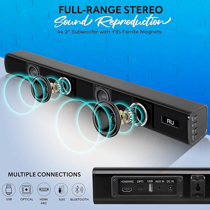 Pyle TV Speaker - Quality Audio Soundbar with Bluetooth, Support 4K & HDMI TVs, Wall Mountable, 32" w/Remote Control, Coaxial & RCA Cables, Class D Stereo Power Digital Amplifier - PSBV30BT