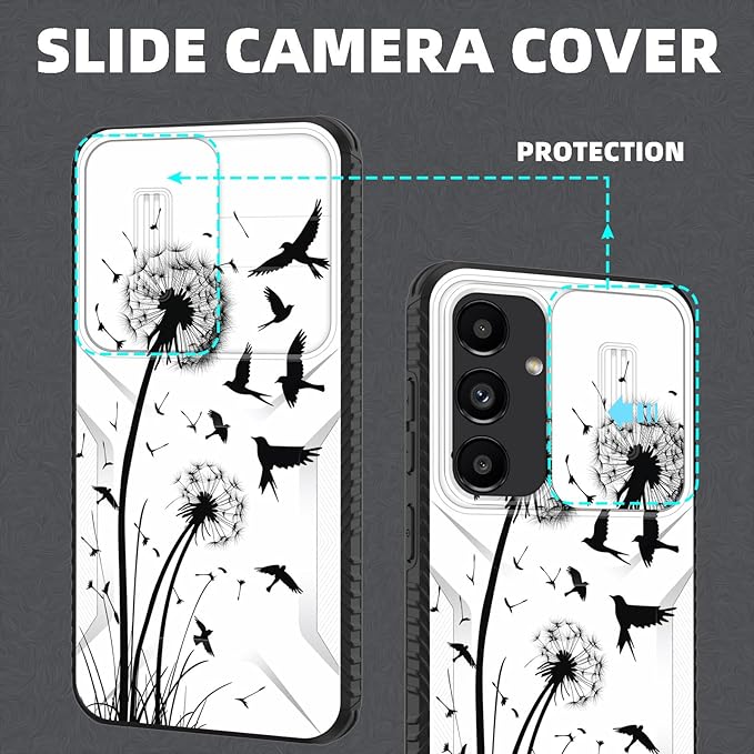 for Galaxy S24 FE Case Built in Slide Camera Lens Cover,Heavy Duty Shockproof Protection Dual Layer Case for Samsung Galaxy S24 FE 5G 6.7" 2024,Dandelions and Birds
