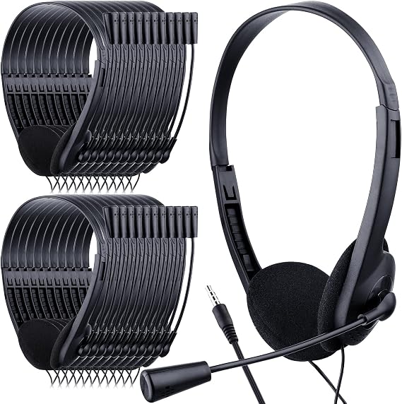 Yunsailing 30 Pack Classroom Headphones with Mic, Black, Plastic Stem