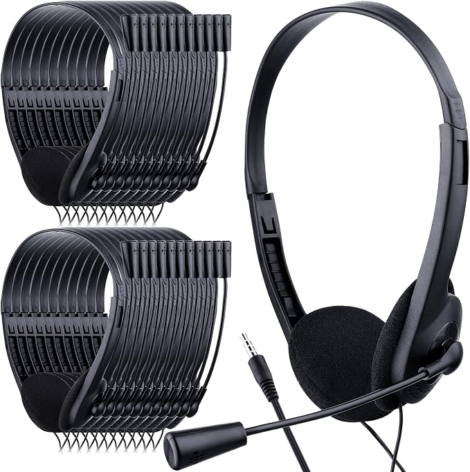 Yunsailing 30 Pack Classroom Headphones with Mic, Black, Plastic Stem