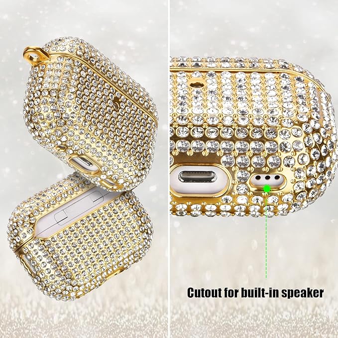 Case for AirPods Pro 2nd Generation, Filoto Cute AirPod Pro 2 Protective Case Cover for Women Girls, Bling Crystal PC Apple Air Pods Pro Cases Accessories with Lobster Clasp Keychain, Gold
