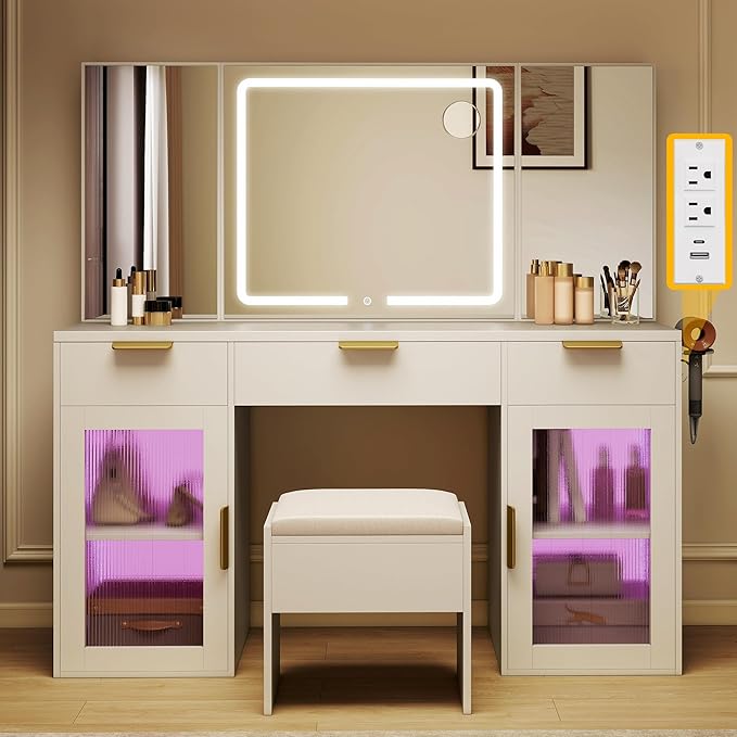 DWVO 56" Vanity Table Set with Tri-Fold Mirror & LED Lights, Makeup Vanity Desk with RGB Glass Cabinets, Storage Drawers, Shelves, Built-in Power Strip, Cushioned Stool for Dressing Room, White