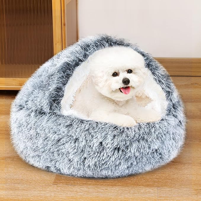 NOYAL Round Hooded Donut Dog Bed for Small & Medium Pets - Plush Fluffy Anti-Anxiety Cat Cave Bed with Cover