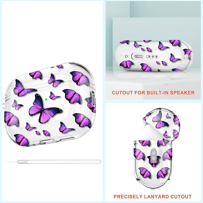 Maxjoy for AirPods Pro 2nd Generation Case, Clear AirPods Pro 2 Case for Women Men Cute Protective AirPod Pro 2 Cover with Keychain Strap for AirPod Pro 2nd Gen Cover 2023/2022, Purple Butterfly
