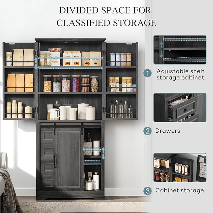 DWVO 71" Kitchen Pantry Storage Cabinet with Barn Doors, Tall Kitchen Cabinets with 4 Drawers and Adjustable Shelves, Versatile Storage for Living Room, Dining Room or Hallway, Grey Rustic Oak