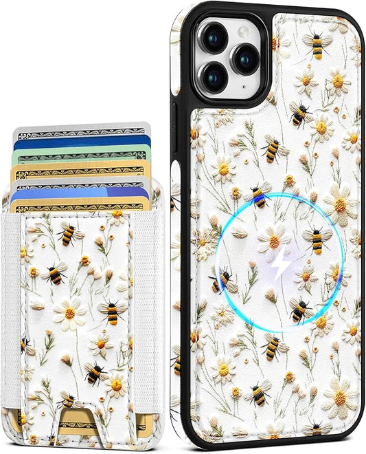 Shorogyt for iPhone 11 Pro Max Wallet Case - Fits 5 Cards, Compatible with Magsafe Detachable Magnetic Credit Card Holder Leather Cardholder Cute Phone Cover Women Girl for Apple 11 ProMax, Bee Flower