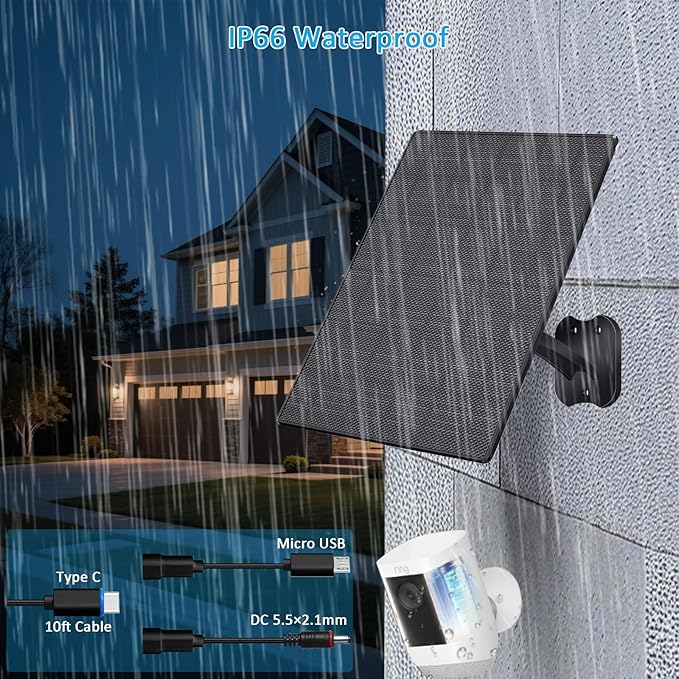 10W Solar Panel for Security Cameras, 5V Outdoor Camera Solar Panel with USB-C Cable, DC 5.5x2.1mm & Micro USB Port, IP66 Waterproof with Adjustable Mount & 10FT Cable