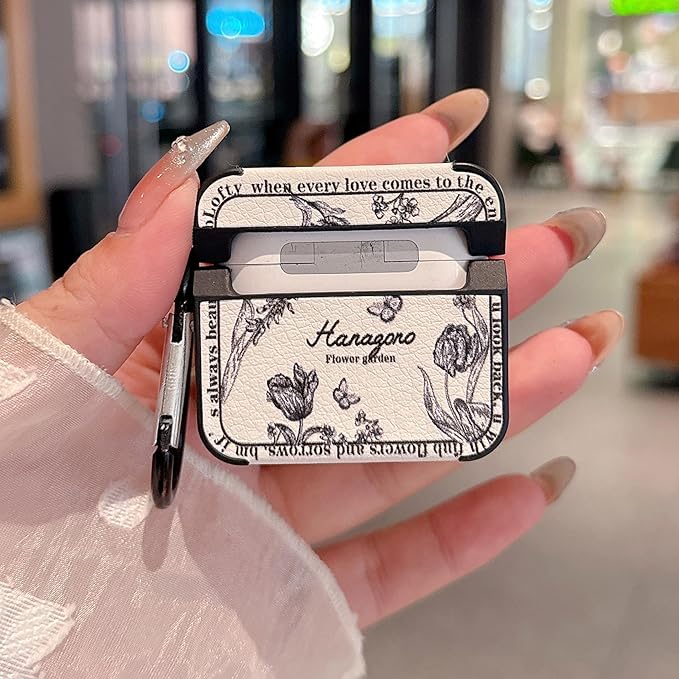 for AirPod 4 Case for Women Girls Cute Retro Flower Design with Keychain PU Leather Squre Shockproof Protective Cover Compatible with AirPods 4th Gen Case (Retro Rose White)
