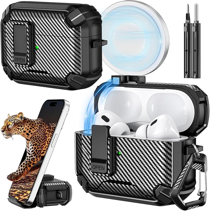 Inesore Compatible with AirPods Pro 2nd/1st Generation Case Cover with Phone Stand & Cleaning Kit,Compatible with Magsafe,Magnetic Automatic Lock for iPod Pro Charging Case(USB-C/Lightning Cable)