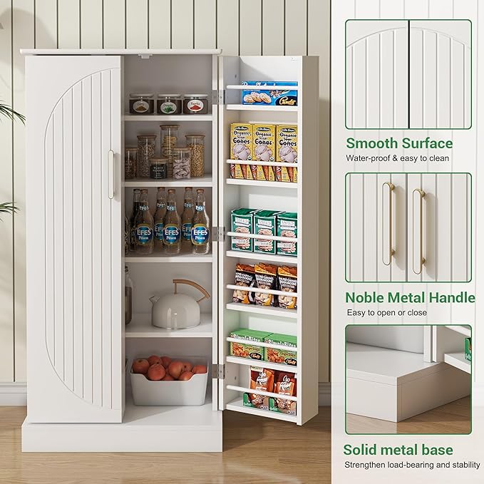 47" Tall Kitchen Pantry Cabinet, Snow-White Pantry Storage Cabinet with Adjustable Shelves, Barn Doors and Drawer Farmhouse Cupboard for Kitchen, Dining Room, Bathroom (16" D x 24" W x 47")