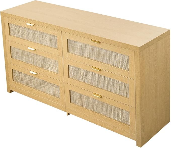 VEVOR Large Dresser for Bedroom, 57" Wide Rattan Dresser 6 Drawer, Wooden Modern Dressers Chest of Drawers with Metal Handle, Clothes Closet Storage Organizer Boho TV Stand for Living Room,Natural Oak