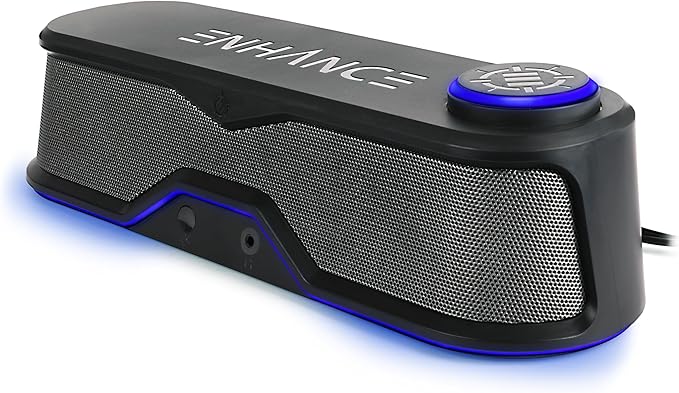 ENHANCE SB1 Computer Speakers High Excursion Soundbar - USB Powered Computer Sound Bar, Under Monitor Speaker with 10W Peak, LED Volume Control Knob, Headset Pass Through, Gaming Soundbar for PC