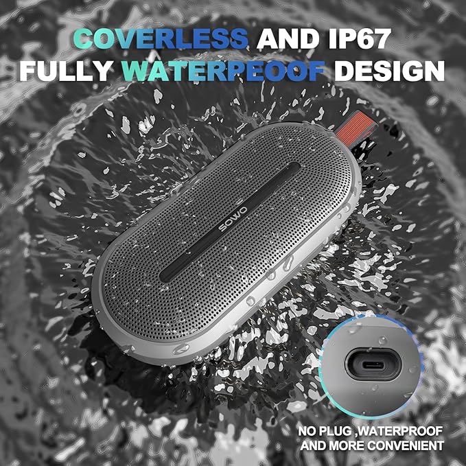 SOWO Portable Bluetooth Speaker with Powerful Bass - Wireless Speaker with Partyboom Technology - 40W, IP67 Waterproof - Stereo Sound for Outdoor, Camping and Travel Use - Grey