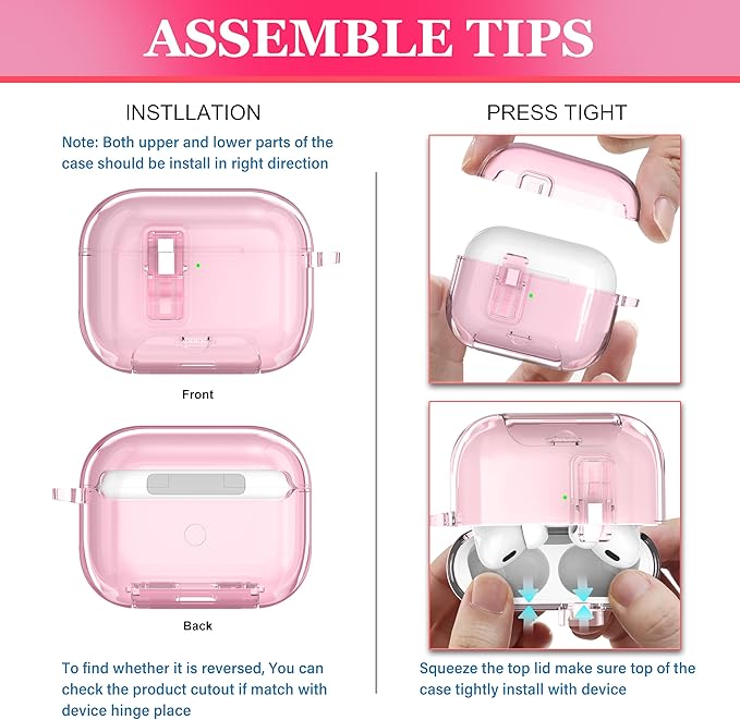for AirPods Pro 2nd Generation Case, Military-Grade Shockproof Transparent Anti-Yellowing, Charging Port Dust-Proof & Stand Design with Cleaning Kit for AirPods Pro 2nd Case, Crystal Pink