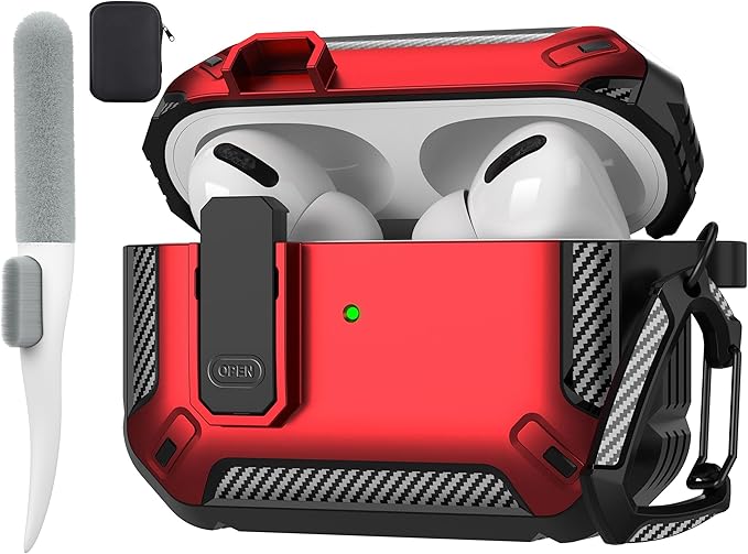 Maxjoy for AirPods Pro Case Cover with Lock, AirPods Pro 1st Generation Case for Men Military Rugged Protective Cover with Keychain Compatible with Apple AirPod Pros 2019 Front LED Visible, Red Camo