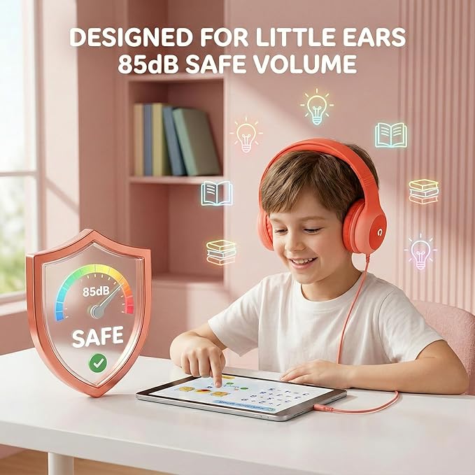 Wired Kids Headphones with USB C Plug, 85dB Safe Volume, Adjustable Headband, Tangle-Free Cord Headphones for School, Tablet, Travel (Coral Red & Soft Peach, Without Microphone)
