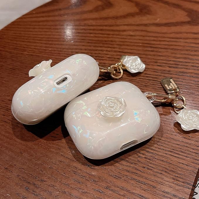 Cute Case for Airpod Pro 2 with Keychain Elegant Flower Luxury Glitter Pearl Marble Protective Cover Compatible with AirPods Pro 2019 2022 2023 Case for Girls Women (White Rose)