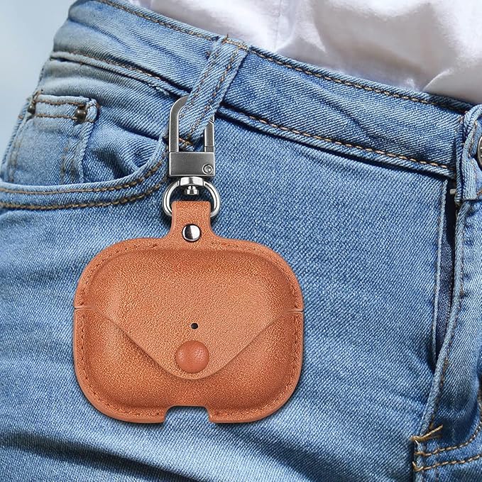Genuine Leather Case Compatible with AirPods Pro Case 2nd/1st Gen (2023/2022/2019), VOMA Protective Cover for Apple AirPods Pro 2/Pro Wireless Charging Case with Keychain and Snap Lock Brown