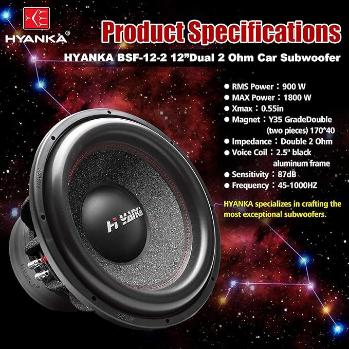 H YANKA BSF-12-2 12 Inch Subwoofer - 1800W MAX Power 12 Inch Paper Cone Car Audio, Black Aluminum Basket, 2.5“ Dual Voice Coil 2 Ohm Impedance 12" Subwoofer for Cars