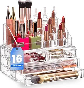 Masirs Clear Makeup Organizer with 4 Drawers 16 Compartments, Countertop