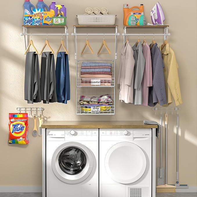 2 Set Laundry Room Shelves Wall Mounted with Wire Storage Baskets, Over Washer and Dryer Shelves with Hanging Rods and Hooks, Wire Shelves for Laundry Organization and Storage, White, Wooden