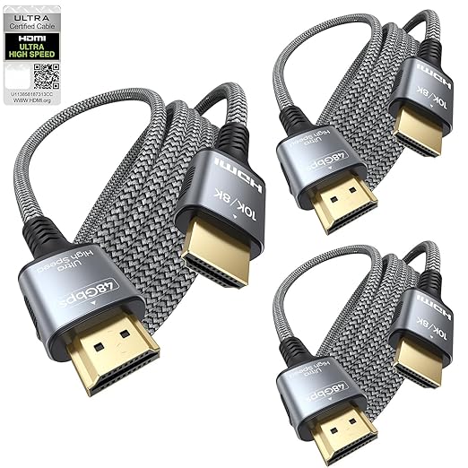 Certified HDMI Cable 6FT 3-Pack, 8K HDMI 2.1 Cord for Home Theater, Mlutipack Home Cinema Cables 48Gbps with eARC & 8K@60Hz, Shielded HDMI Cable for Soundbar, Roku/Apple TV, PS5, Xbox and Projector