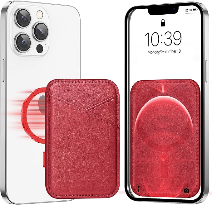 Miroddi Magnetic Card Wallet Holder, with MagSafe for iPhone 15/14/13/12 Series, Magsafe, Vegan Leather, Independent Slot, Invisible Ultra-Thin, True red, MCB070TR-US
