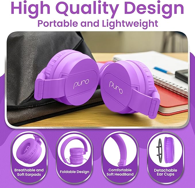 Puro Sound Labs Kids Wired Headphones – Volume-Limiting & Adjustable, Safe & Comfortable Headphones for Kids – Compatible with PCs, Smartphones & Tablets, Ideal for School & Travel – PuroBasic, Purple