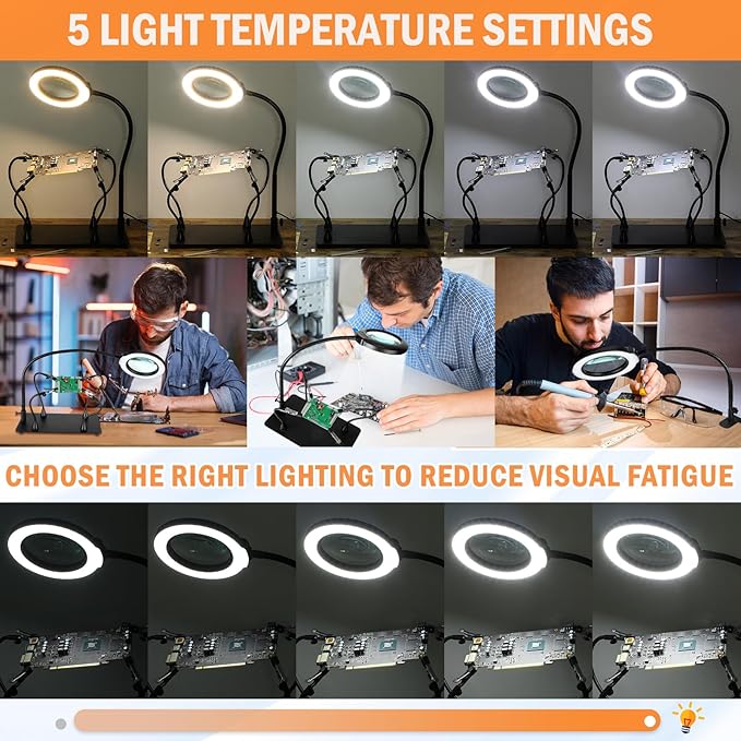 Soldering Helping Hands 10X Magnifying Glass with light and Stand PCB Holder, Drdefi Soldering Station Third Hand Tools Magnifier with Thickening Alligator Clip Large Magnetic Base for Repairing