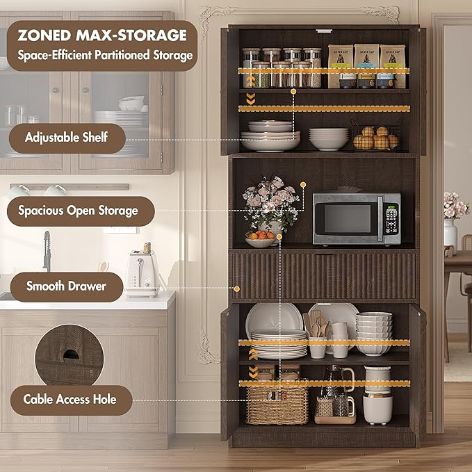 Garvee Tall Kitchen Pantry Cabinet, 70 in Pantry Storage Cabinet with Countertop, Fluted Kitchen Hutch Cabinets with Doors and Drawer, Freestanding Cupboard for Dining Room, Living Room, Brown