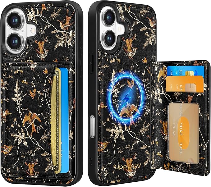 for iPhone 16 Plus Case with Wallet - Fits 4 Card Slots, Compatible with MagSafe for Women Aesthetic Durable PU Leather Credit Card Holder Kickstand Phone Cover for Apple 16 Plus, Yellow Bird
