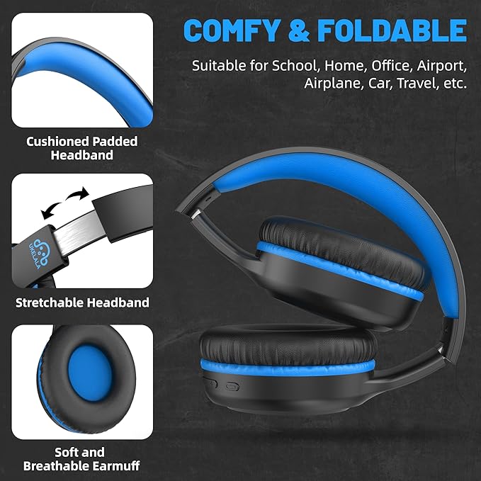 U2B Active Noise Canceling Wired & Wireless Bluetooth 6.0 Headphones with Microphone, Foldable Lightweight Head Phones with Volume Control‌ for Kids Adult School Black Blue