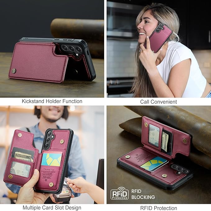 Bemal for Samsung Galaxy S25 Wallet Case with Card Holder, RFID Blocking, Shockproof Leather Kickstand for Men and Women, Durable Protective Phone Cover for 6.2", Wine Red